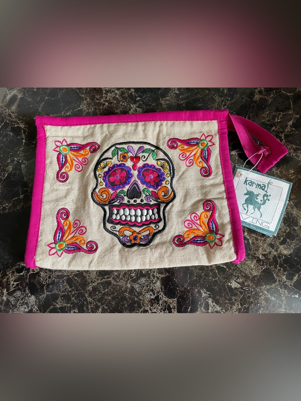 Karma Living Embroidered Sugar Skull Calavera Cosmetic Bag Mexican Culture NWT